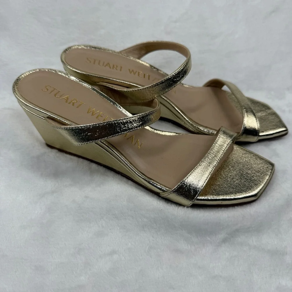 Stuart Weitzman Aleena 50 Gold Metallic Leather Square Toe‎ Wedge Sandals Size 5